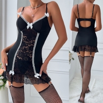 Sexy Contrast Color Lace Spliced V-neck Backless Two-piece Nightwear Dress