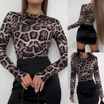 Fashion Leopard Printed Crew Neck Long Sleeve Bodysuit