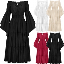 Vintage Off-the-shoulder Trumpet Long Sleeve Elastic Waist Tiered Maxi Dress