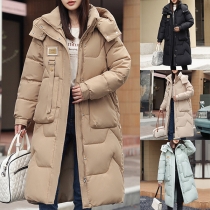 Fashion Solid Color Long Sleeve Mock Neck Detachable Hooded Longline Quilted Coat for Women