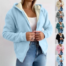 Fashion Plush Lined Hooded Long Sleeve Sweatshirt Jacket