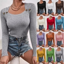Fashion Square Neck Button Long Sleeve Ribbed Shirt