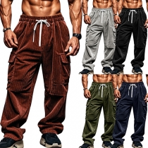 Fashion Side Pockets Corduroy Drawstring Waist Pants for Men