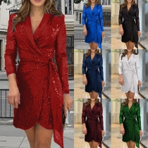 Fashion Sequined Lapel V-neck Long Sleeve Self-tie Mini Dress