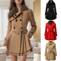 Fashion Plush Spliced Lapel Collar Long Sleeve Pleated Self-tie Duffle Jacket(Size Run Small）