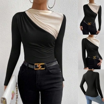 Fashion Contrast Color Crew Neck Long Sleeve Ruched Shirt