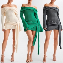 Fashion Off-the-shoulder Long Sleeve Self-tie Bodycon Dress