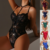 Sexy Halter Neck O-ring Lace Lingerie Bodysuit