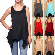 Casual Solid Color Crew Neck Sleeveless Irregular Hemline Shirt