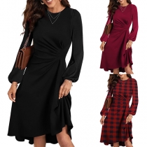 Fashion Crew Neck Long Sleeve Side Ruched Dress