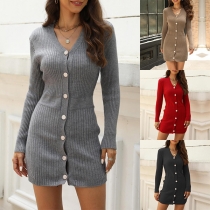 Fashion Front Button V-neck Long Sleeve Ribbed Bodycon Dress