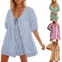 Fashion Contrast Color Self-tie Crew Neck Short Sleeve Loose Romper