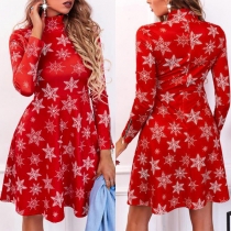 Fashion Snowflake Printed Mock Neck Long Sleeve Printed Christmas Dress