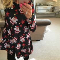 Fashion Santus Printed Crew Neck Long Sleeve Christmas Dress