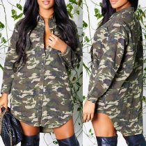 Fashion Camouflage Printed Stand Collar Front Button Mini Dress