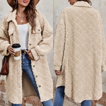 Fashion Solid Color Stand Collar Long Sleeve Plush Longline Jacket