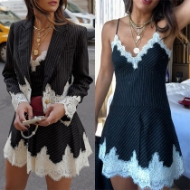 Fashion Lace Spliced Vertical Stripe Printed Two-piece Set Consist of Blazer and Cami Dress