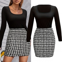 Fashion Two-piece Set Consist of Square Neck Shirt and Houndstooth Printed Skirt