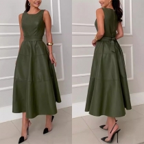 Fashion Crew Neck Sleeveless Self-tie Waist Artificial Leathe PU Dress