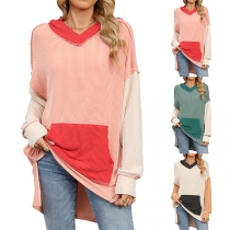 Fashion Contrast Color Long Sleeve Kangaroo Pocket Hooded Sweatshirt