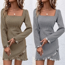 Fashion Houndstooth Printed Square Neck Long Sleeve Frayed Irregular Hemline Bodycon Dress