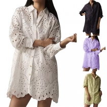 Fashion Hollowout Stand Collar Long Sleeve Blouse