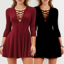 Fashion Lace-up V-neck Long Sleeve Mini Dress