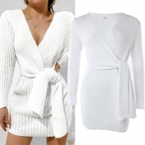 Fashion Solid Color V-neck Long Sleeve Knitted Self-tie Wrap Sweater Dress