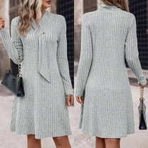 Fashion Knotted V-neck Long Sleeve Ribbed Dress