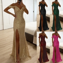 Sexy Bling-bling Sequined V-neck Open-shoulder Short Sleeve Side Slit Maxi Party Dress
