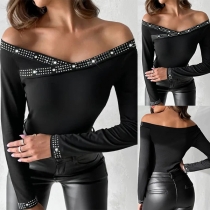 Fashion Rhinestone Off-the-shoulder Long Sleeve Shirt