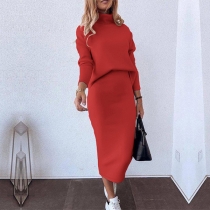 Fashion Solid Color Two-piece Set Consist of Turtleneck Sweatshirt and Pencil Skirt
