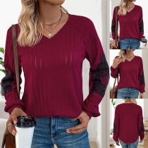 Fashion V-neck Lace Spliced Long SLeeve Ribbed Shirt