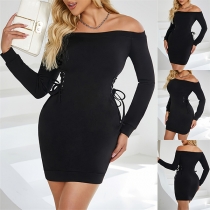 Fashion Off-the-shoulder Long Sleeve Side Lace-up Bodycon Dress