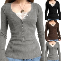 Fashion Lace Spliced Button Long Sleeve Ribbed Shirt