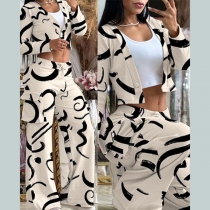 Fashion Printed Two-piece Set Consist of Crop Jacket and Straight-cut Pants with Side Patch Pockets