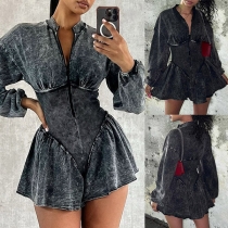 Vintage Half-zipper V-neck Long Sleeve Smocked Cinch Waist Old-washed Denim Romper