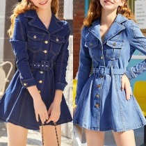 Fashion Notch Lapel Long Sleeve Front Button Denim Dress with Belt