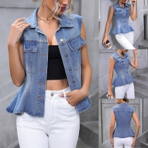 Street Fashion Stand Collar Sleeveless Ruffle Hemline Old-washed Denim Vest