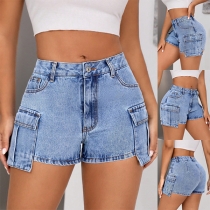 Street Fashion Side Patch Pockets Old-washed Denim Shorts