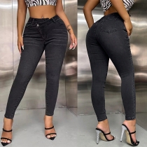 Fashion Irregular Waist Old-washed Denim Skinny Jeans
