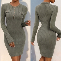 Fashion Crew Neck Long Sleeve Ribbed Bodycon Dress