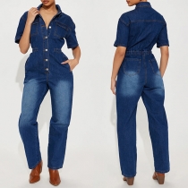 Fashion Stand Collar Short Sleeve Front Button Elastic Waist Old-washed Denim Jumpsuit