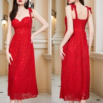 Elegant Sweetheart Neckline Self-tie Shoulder Strap Backless Lace Dress