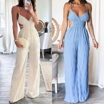 Fashion Texture V-neck Backless Wide-leg Cami Jumpsuit