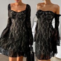 Elegant Square Neck Long Sleeve Lace Dress