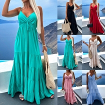 Fashion Solid Color V-neck Backless Tiered Maxi Dress