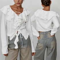 Fashion Texture Lace-up Ruffle Long Sleeve Shirt