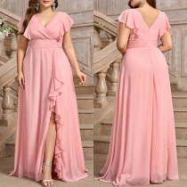Fashion Solid Color V-neck Ruffle Short Sleeve Side Slit Maxi Party Dress