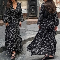 Fashion Dot Printed V-neck Puff Long Sleeve Maxi Dress